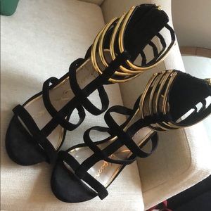 Black Suede Leather Gold Gladiator Heels